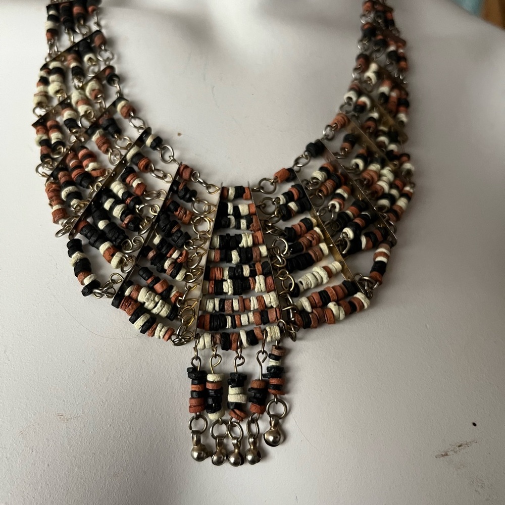 NWT Ethnic African beaded handmade necklace artisan brown tan silver New vintage